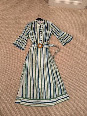 Striped Green & Blue Long-Sleeve Midi Dress with Belt